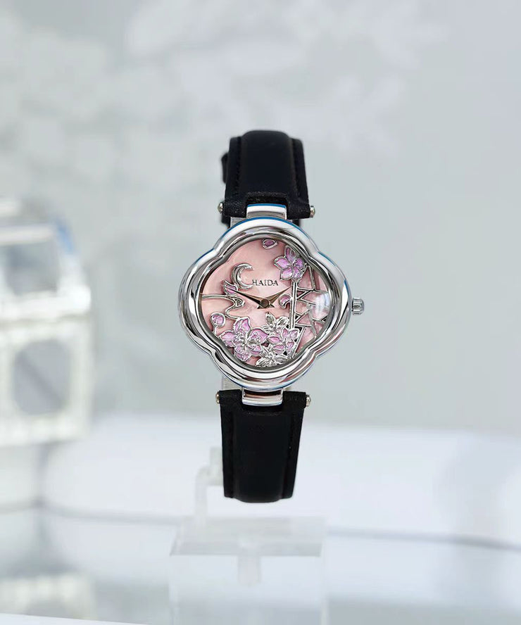 Cute Black Metal Leather Hardlex Crystal Watches