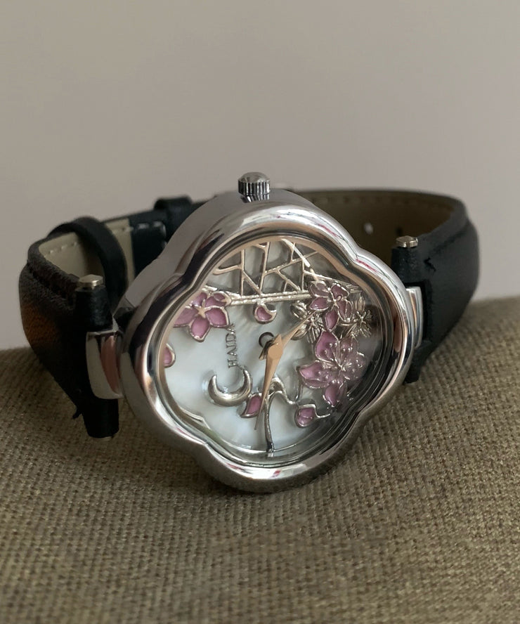 Cute Black Metal Leather Hardlex Crystal Watches