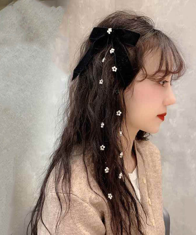 Cute Black Silk Velour Bow Pearl Floral Tassel Hairpin