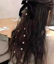 Cute Black Silk Velour Bow Pearl Floral Tassel Hairpin