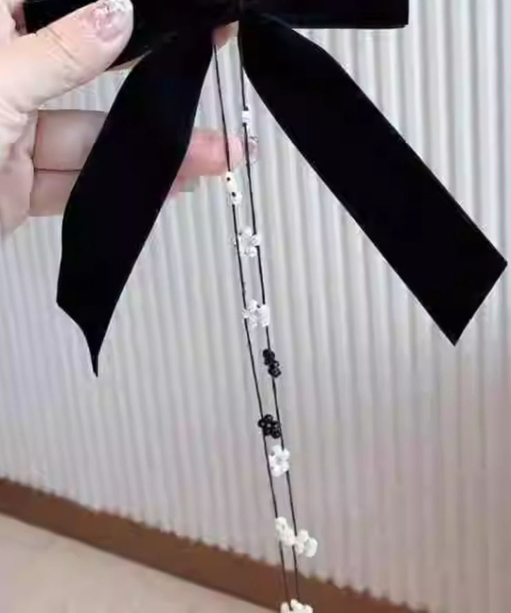 Cute Black Silk Velour Bow Pearl Floral Tassel Hairpin