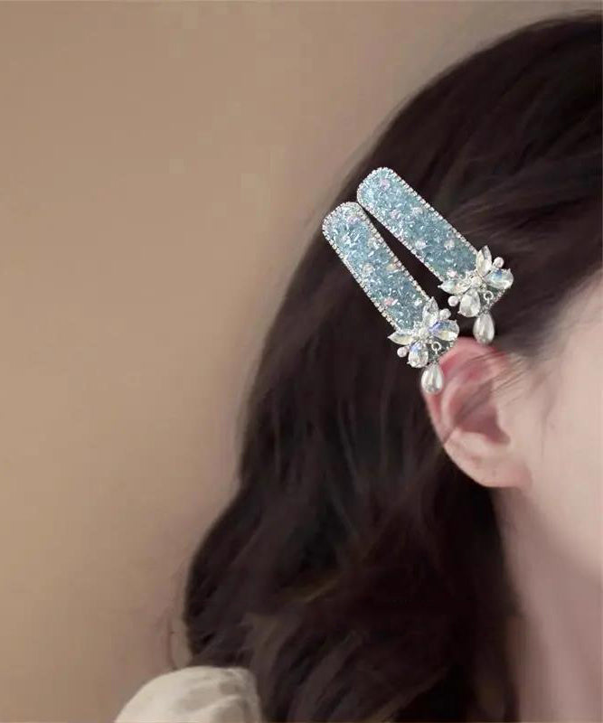 Cute Blue Alloy Bow Zircon Pearl Tassel Hairpin