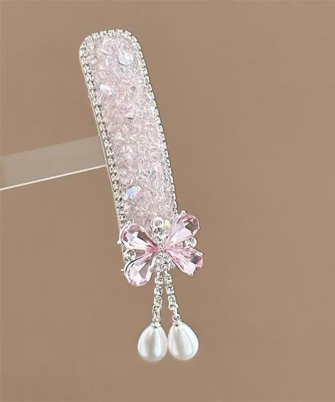 Cute Blue Alloy Bow Zircon Pearl Tassel Hairpin