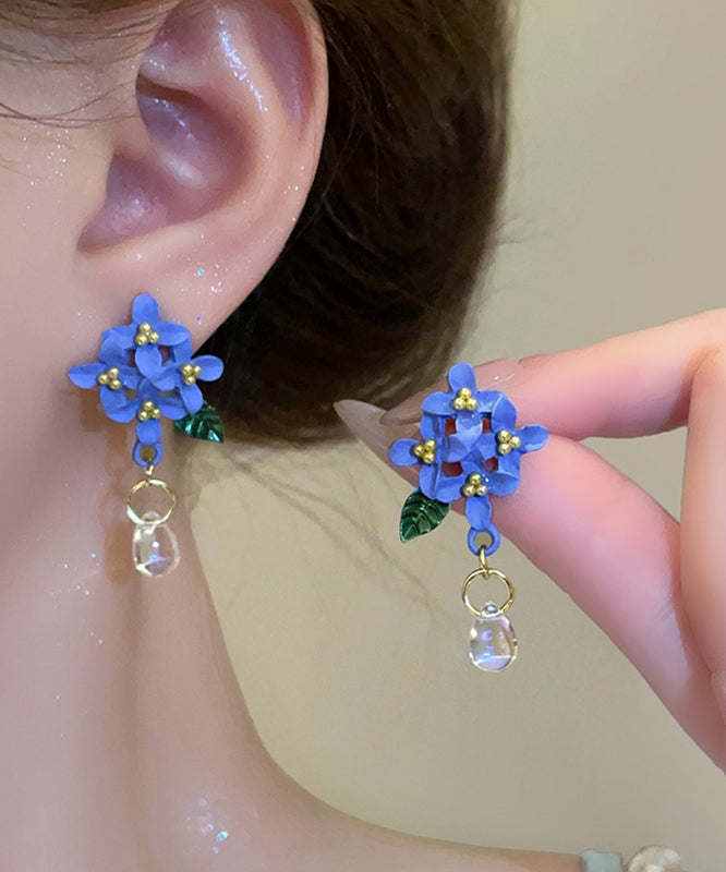 Cute Blue Alloy Resin Baked Enamel Floral Drop Earrings