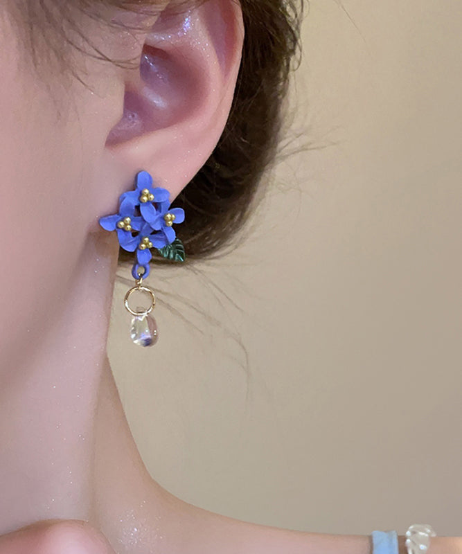 Cute Blue Alloy Resin Baked Enamel Floral Drop Earrings