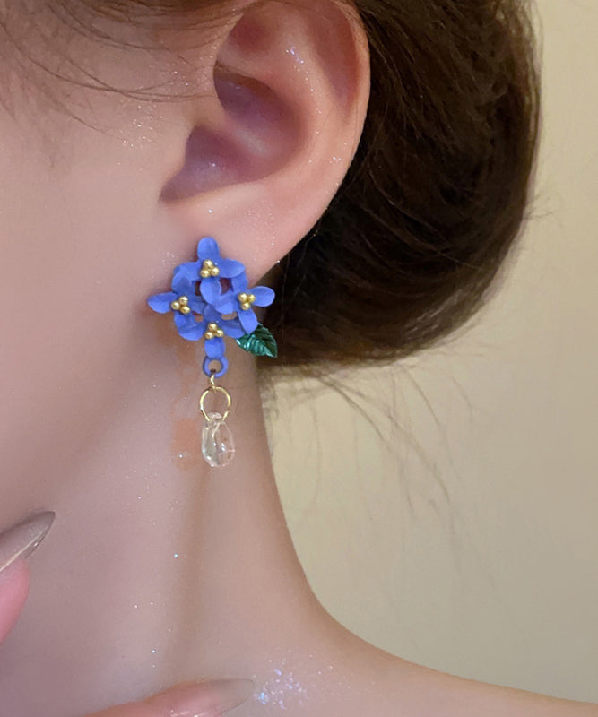 Cute Blue Alloy Resin Baked Enamel Floral Drop Earrings