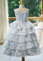 Cute Blue Nail Bead Patchwork Tulle Girls Maxi Dresses Summer