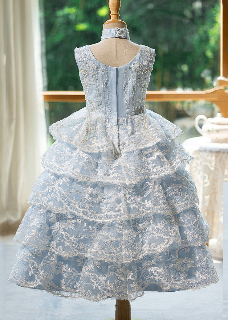 Cute Blue Nail Bead Patchwork Tulle Girls Maxi Dresses Summer