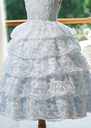 Cute Blue Nail Bead Patchwork Tulle Girls Maxi Dresses Summer