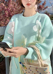 Cute Blue O-Neck Floral Thick Cotton Knit Sweater Fall