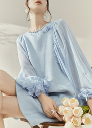 Cute Blue O-Neck Patchwork Zircon Mid Dress Lantern Sleeve