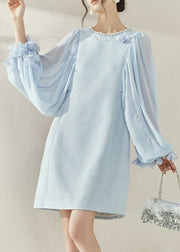 Cute Blue O-Neck Patchwork Zircon Mid Dress Lantern Sleeve