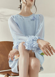 Cute Blue O-Neck Patchwork Zircon Mid Dress Lantern Sleeve