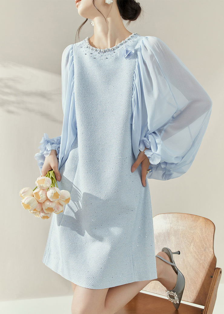 Cute Blue O-Neck Patchwork Zircon Mid Dress Lantern Sleeve