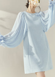 Cute Blue O-Neck Patchwork Zircon Mid Dress Lantern Sleeve