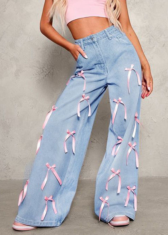 Cute Blue Pockets Patchwork Bow Wide Leg Jeans