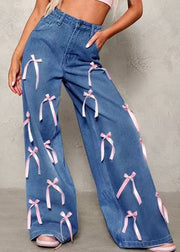Cute Blue Pockets Patchwork Bow Wide Leg Jeans