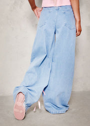 Cute Blue Pockets Patchwork Bow Wide Leg Jeans