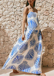 Cute Blue Print Long Spaghetti Strap Dress Summer