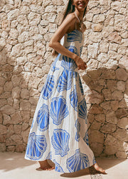 Cute Blue Print Long Spaghetti Strap Dress Summer