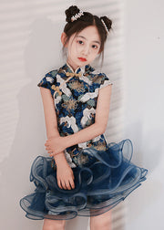 Cute Blue Print Tulle Patchwork Kids Mid Dress Short Sleeve