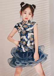 Cute Blue Print Tulle Patchwork Kids Mid Dress Short Sleeve