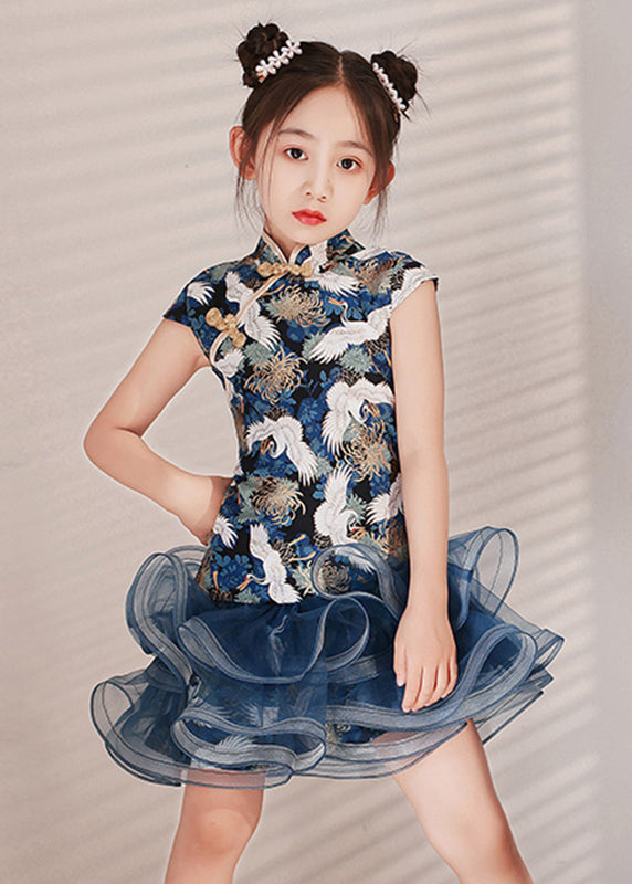 Cute Blue Print Tulle Patchwork Kids Mid Dress Short Sleeve