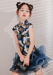 Cute Blue Print Tulle Patchwork Kids Mid Dress Short Sleeve