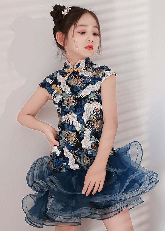 Cute Blue Print Tulle Patchwork Kids Mid Dress Short Sleeve