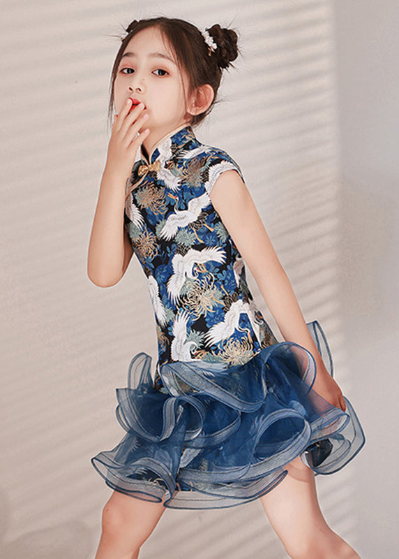 Cute Blue Print Tulle Patchwork Kids Mid Dress Short Sleeve
