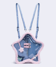 Cute Blue Star Shaped Patchwork Denim Backpack Bag