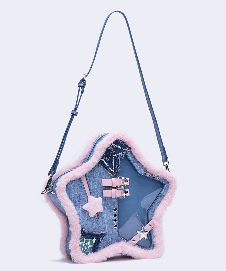 Cute Blue Star Shaped Patchwork Denim Backpack Bag