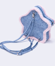 Cute Blue Star Shaped Patchwork Denim Backpack Bag