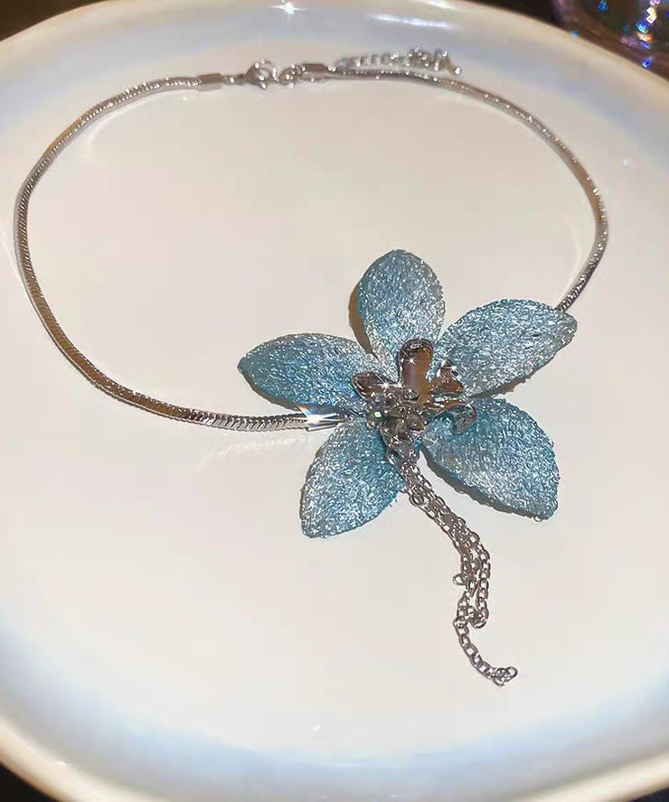 Cute Blue Sterlign Silver Floral Pendant Necklace