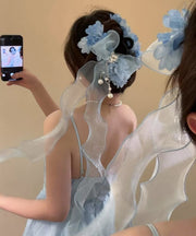 Cute Blue Tulle Bow Pearl Floral Ribbon Hairpin