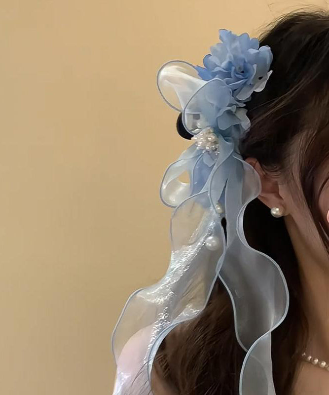 Cute Blue Tulle Bow Pearl Floral Ribbon Hairpin