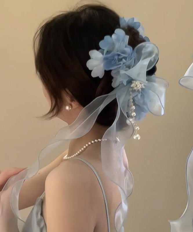 Cute Blue Tulle Bow Pearl Floral Ribbon Hairpin