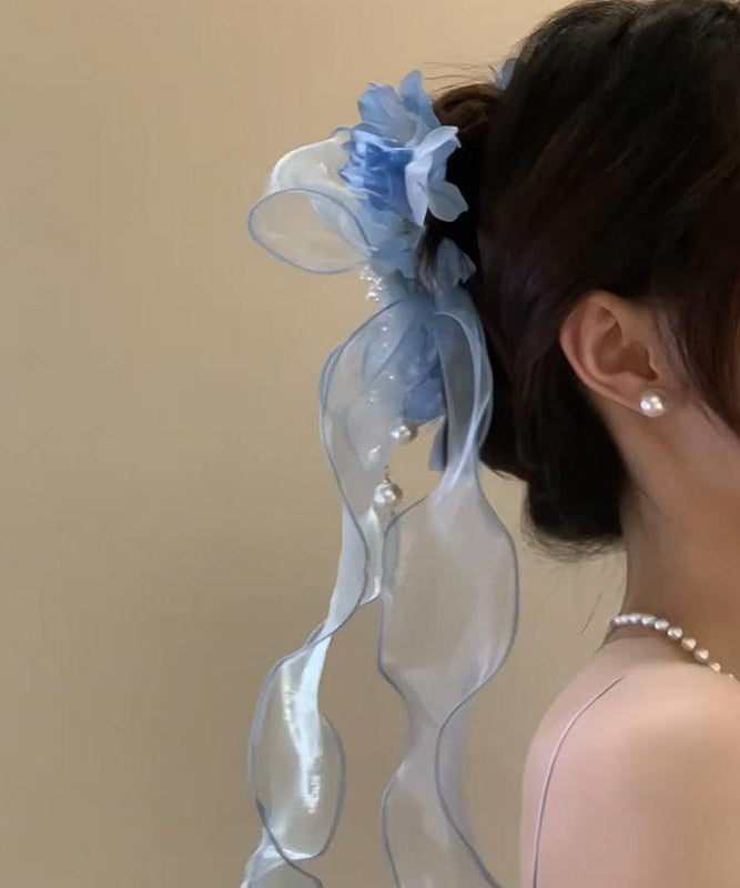 Cute Blue Tulle Bow Pearl Floral Ribbon Hairpin