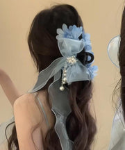 Cute Blue Tulle Bow Pearl Floral Ribbon Hairpin