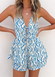 Cute Blue V Neck Tie Lace Top And Shorts Two Pieces Set Summer