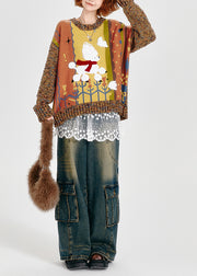 Cute Brown Oversized Patchwork Thick Knit Sweater Winter