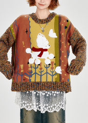 Cute Brown Oversized Patchwork Thick Knit Sweater Winter