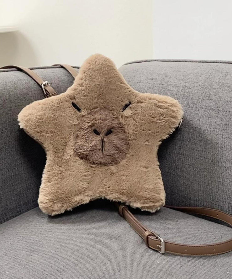 Cute Brown Star-Shaped Capybara Fuzzy Fur Fluffy Backpack Bag