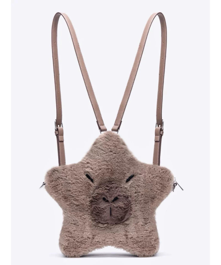 Cute Brown Star-Shaped Capybara Fuzzy Fur Fluffy Backpack Bag