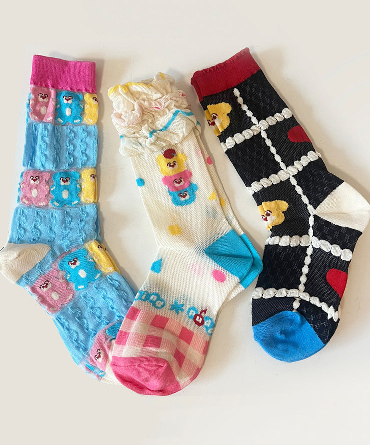 Cute Cartoon Jacquard Thin Mesh Mid Calf Socks