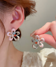 Cute Colorblock Alloy Zircon Drip Glaze Hollow Out Floral Stud Earrings