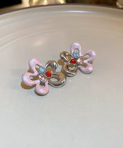 Cute Colorblock Alloy Zircon Drip Glaze Hollow Out Floral Stud Earrings