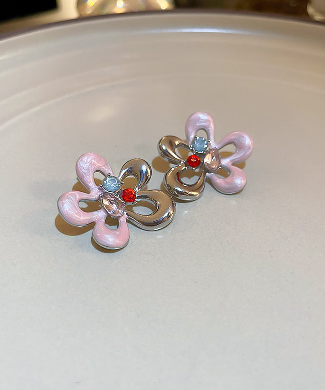 Cute Colorblock Alloy Zircon Drip Glaze Hollow Out Floral Stud Earrings