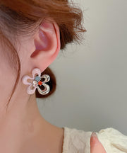 Cute Colorblock Alloy Zircon Drip Glaze Hollow Out Floral Stud Earrings