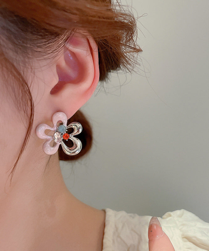 Cute Colorblock Alloy Zircon Drip Glaze Hollow Out Floral Stud Earrings